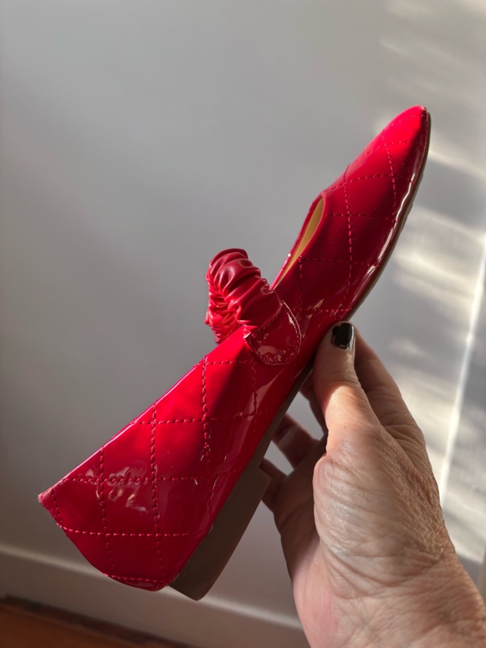 Quilted Red Patent Mary Jane Flat with Ruched Strap
